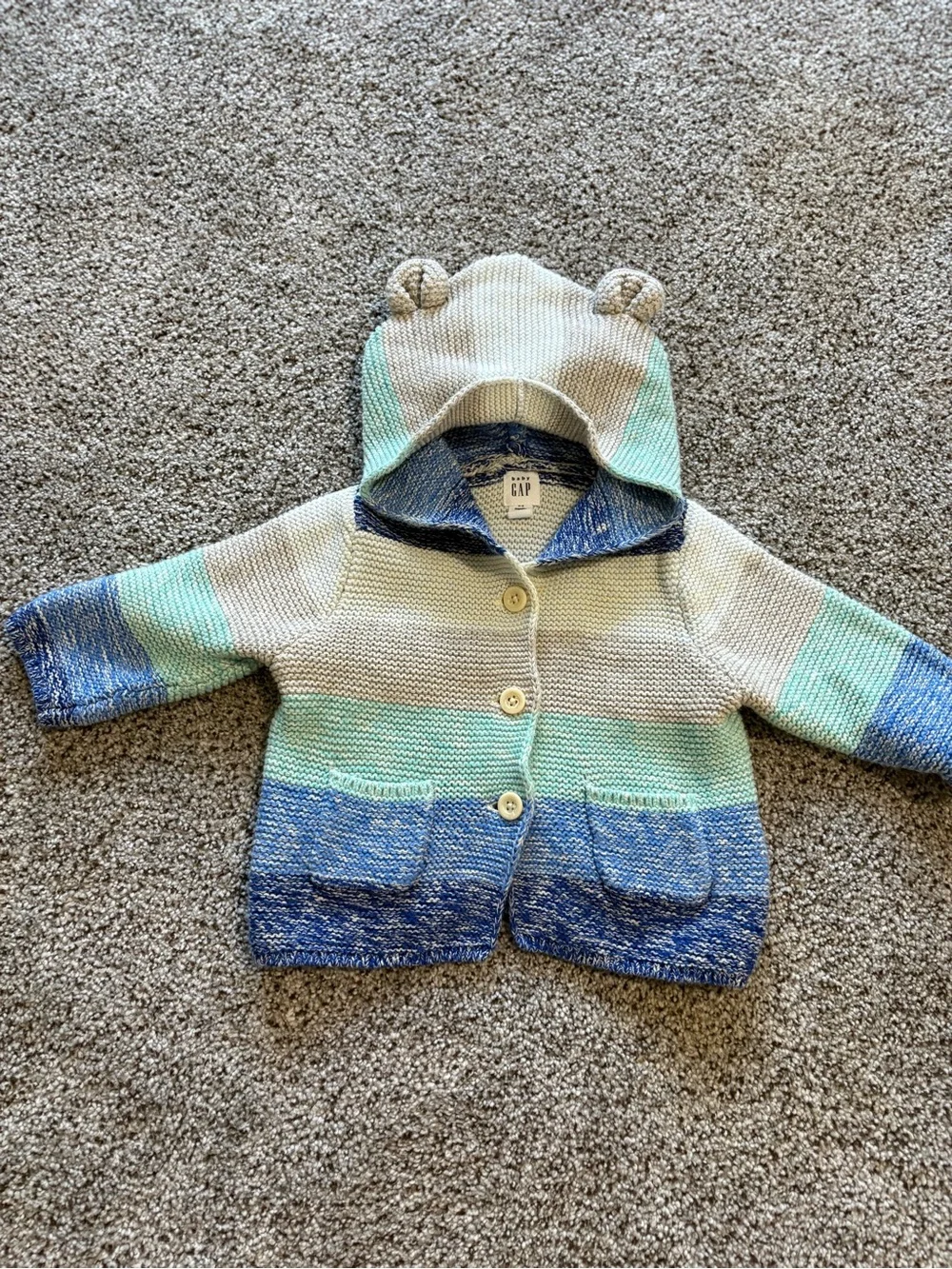 GAP 100% Cotton Striped Hooded Knit Cardigan - Blue, Mint & Cream